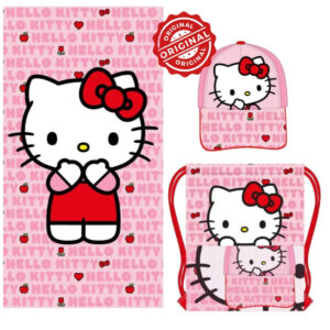 Set copii Hello Kitty, prosop 70x140 cm, sac de gimnastică 32x29 cm și șapcă de baseball 53 cm, licență oficială Sanrio®