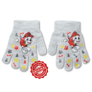 Mănuși tricotate pentru copii, Patrula Cățelușilor Marshall, gri deschis cu imprimeu colorat, acril, licență oficială PAW Patrol®