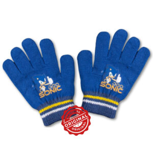 Mănuși tricotate pentru copii, Sonic the Hedgehog, albastre cu dungi galbene și gri, acril, licență oficială SEGA®
