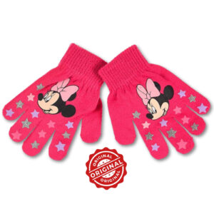 Mănuși tricotate pentru copii, Minnie Mouse, roz intens cu imprimeu și stele colorate, acril, licență oficială Disney®