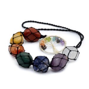 Șirag de cristale chakrale cu simbolul Arborele Vieții, 7 pietre naturale, 35x3,5 cm, 90 gr, origine India