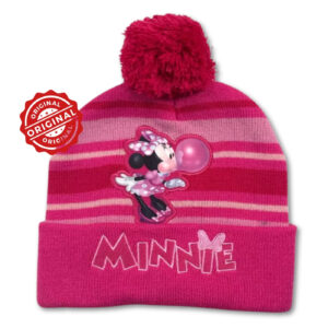 Căciulă tricotată pentru fete, Minnie Mouse, roz cu dungi și ciucure, acril, licență oficială Disney®