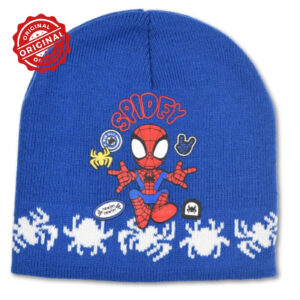 Căciulă tricotată pentru băieți, Spider-Man Spidey, albastră cu imprimeu și model păianjeni, acril, licență oficială Marvel®