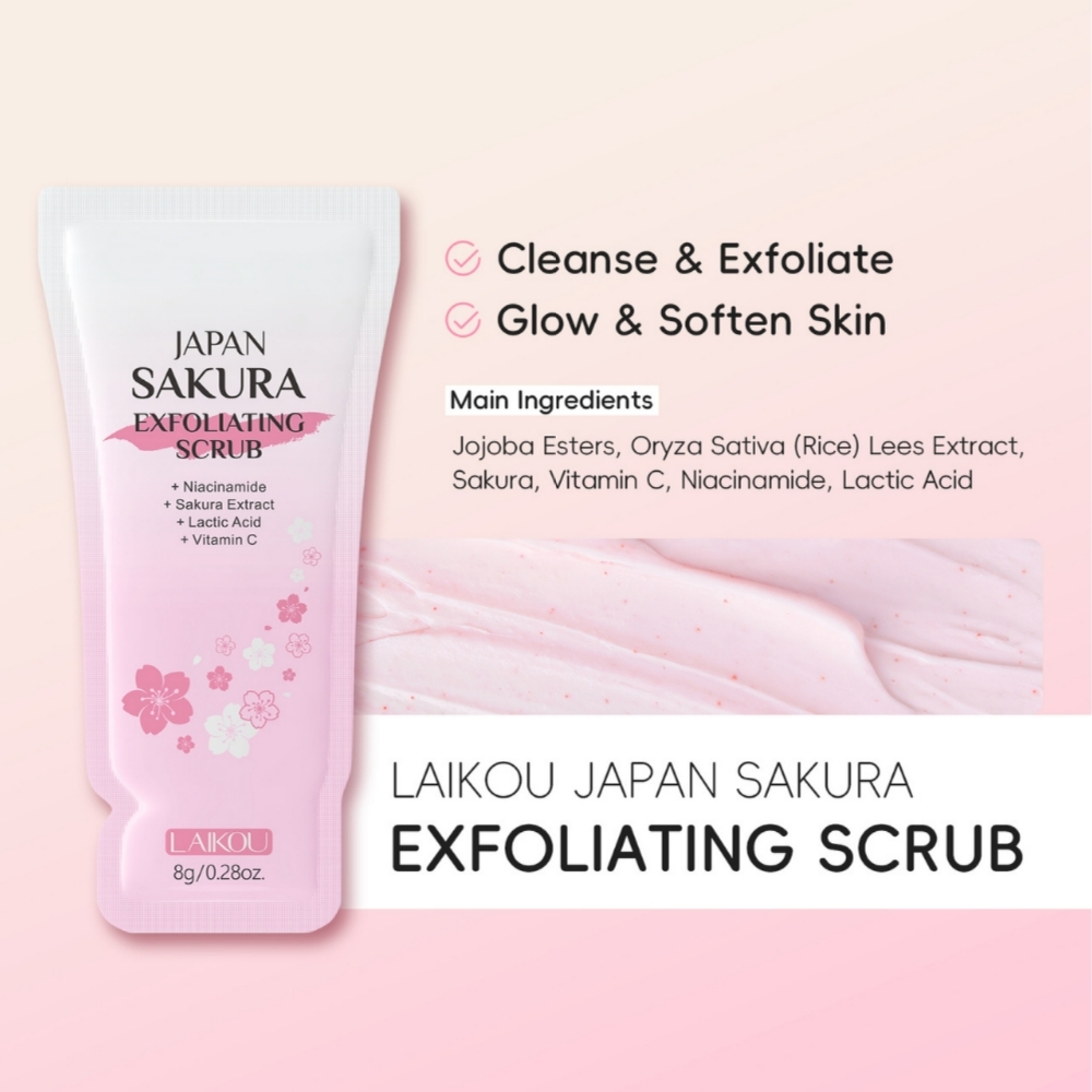 Scrub pentru corp cu Extract de Flori de Cireș Japonez (Sakura) și Vitamina C, Plic 8 gr, LAIKOU® - imagine 2