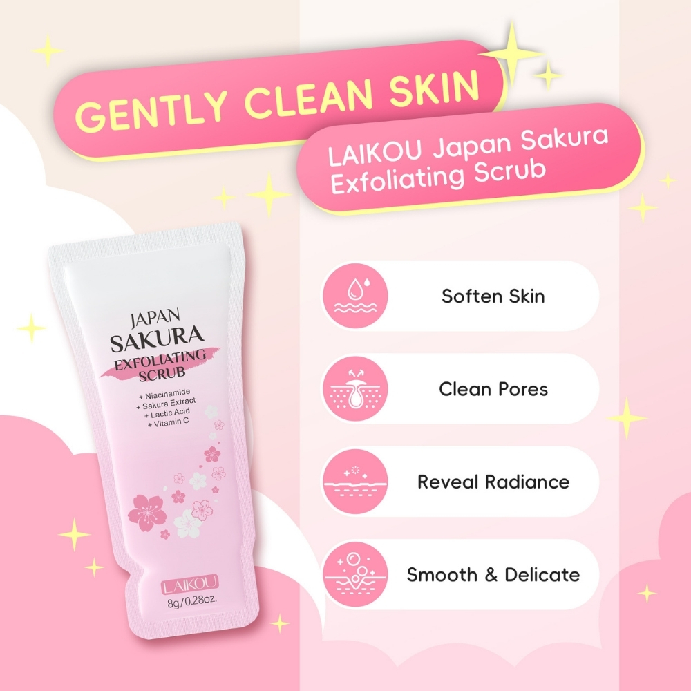 Scrub pentru corp cu Extract de Flori de Cireș Japonez (Sakura) și Vitamina C, Plic 8 gr, LAIKOU® - imagine 4