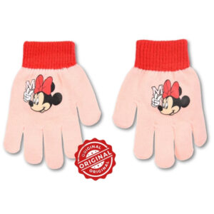 Mănuși tricotate pentru copii, Minnie Mouse fără buline, roz cu fundă roșie, acril, licență oficială Disney®