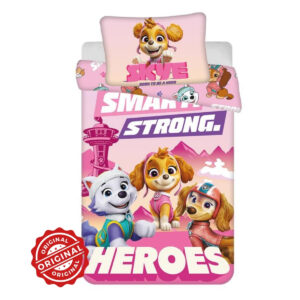 Lenjerie de pat copii, Patrula Cățelușilor, Smart Strong Heroes, Husă de pilotă 100×135 cm + Față de pernă 40×60 cm, 100% bumbac, Set licențiat Paw Patrol®