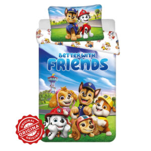 Lenjerie de pat copii, Patrula Cățelușilor, Better with Friends, Husă de pilotă 100×135 cm + Față de pernă 40×60 cm, 100% bumbac, Set licențiat Paw Patrol®