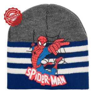 Căciulă de iarnă pentru copii, tricotată, Marvel Spider-Man, gri & albastru cu dungi, 52–54 cm, 60 gr, licență oficială Marvel®