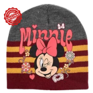 Căciulă de iarnă pentru copii, tricotată, Disney Minnie Mouse, gri & bordo cu dungi galbene, 52–54 cm, 46 gr, licență oficială Disney®