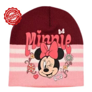 Căciulă de iarnă pentru copii, tricotată, Disney Minnie Mouse, bordo & roz cu dungi, 52–54 cm, 46 gr, licență oficială Disney®