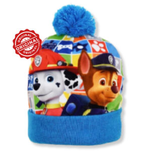 Căciulă de iarnă pentru copii, tricotată cu moț, Paw Patrol Marshall & Chase, albastru multicolor, 52–54 cm, 46 gr, licență oficială Nickelodeon®