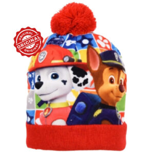 Căciulă de iarnă pentru copii, tricotată cu moț, Paw Patrol Marshall & Chase, roșu multicolor, 52–54 cm, 46 gr, licență oficială Nickelodeon®