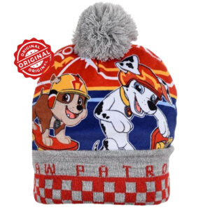 Căciulă de iarnă pentru copii, tricotată cu moț, Paw Patrol Marshall & Rubble, roșu-gri multicolor, 52–54 cm, 46 gr, licență oficială Nickelodeon®