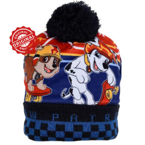 Căciulă de iarnă pentru copii, tricotată cu moț, Paw Patrol Marshall & Rubble, albastru multicolor, 52–54 cm, 46 gr, licență oficială Nickelodeon®