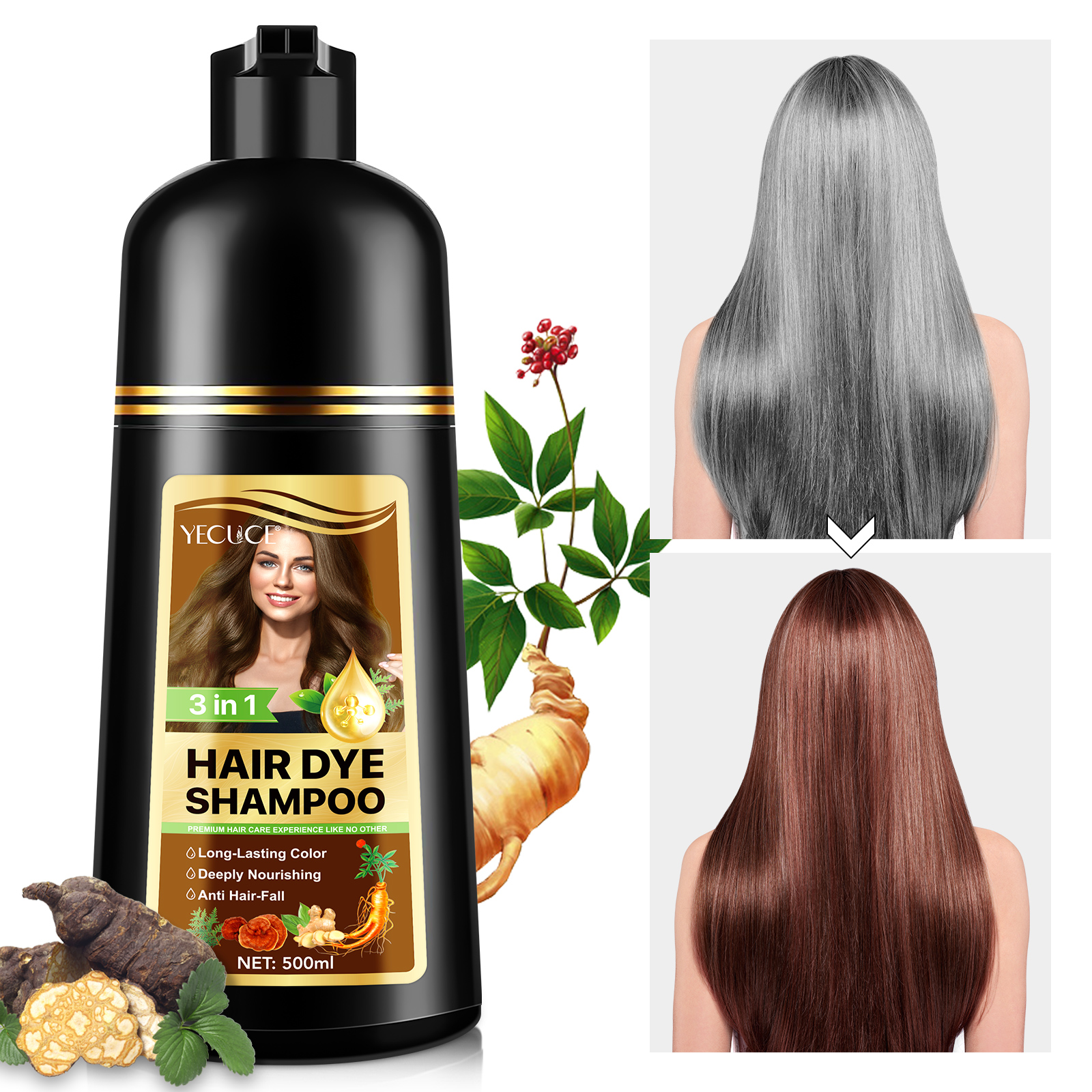 Șampon colorant 3 în 1 | Hrănește scalpul, stimulează circulația și oferă o culoare intensă, Nr. 3, Castaniu deschis, 500 ml, ALIVER® - imagine 4