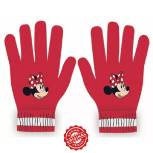 Mănuși tricotate pentru copii, Minnie Mouse, roșu intens cu imprimeu față Minnie și dungi albe, licență oficială Disney®