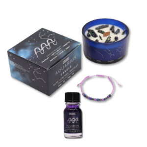 Set cadou Zodiacal Vărsător | Lumânare cu cristale, Brățară cu cristale naturale & Ulei aromatic 10 ml