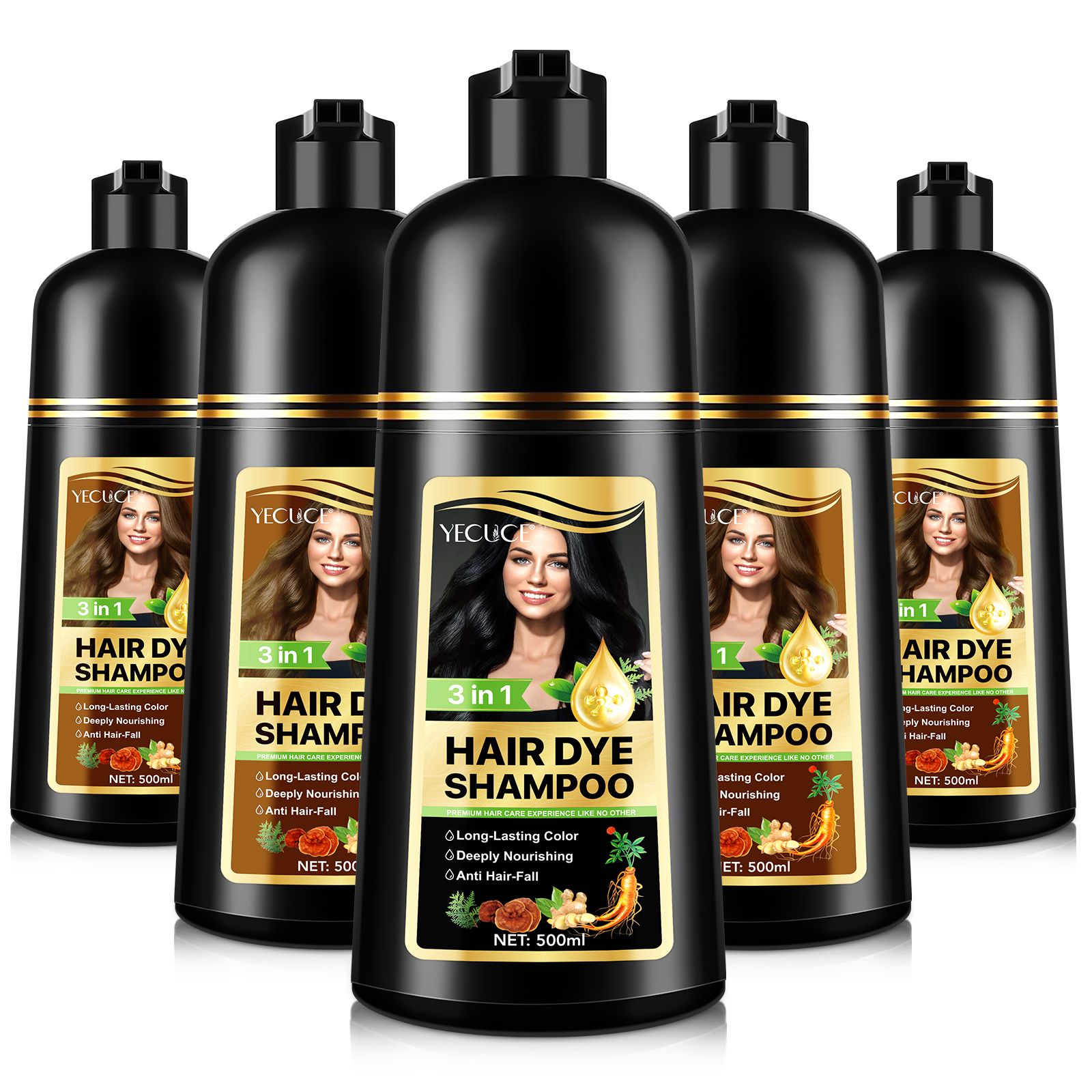 Șampon colorant 3 în 1 | Hrănește scalpul, stimulează circulația și oferă o culoare intensă, Nr. 5, Castaniu închis, 500 ml, ALIVER® - imagine 3