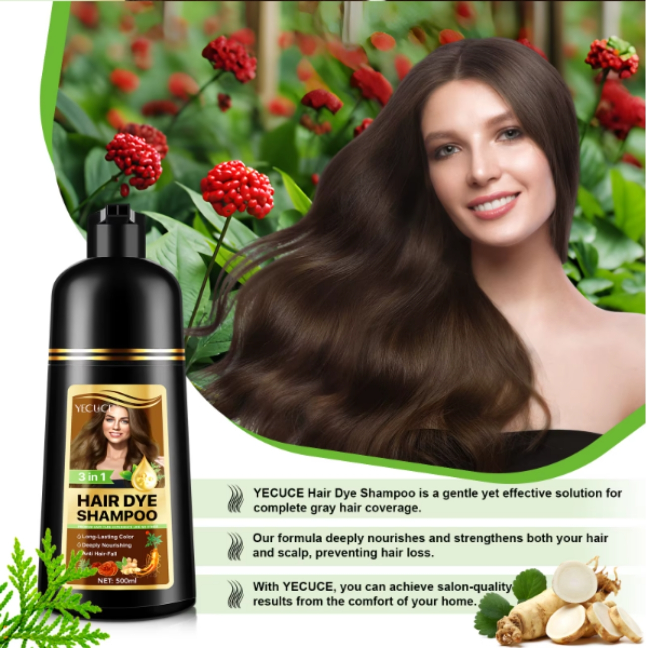 Șampon colorant 3 în 1 | Hrănește scalpul, stimulează circulația și oferă o culoare intensă, Nr. 5, Castaniu închis, 500 ml, ALIVER® - imagine 7