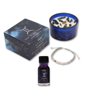 Set cadou Zodiacal Gemeni | Lumânare cu cristale, Brățară cu cristale naturale & Ulei aromatic 10 ml