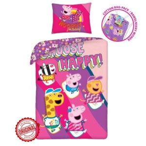 Lenjerie de pat pentru copii Peppa Pig®, husă 140×200 cm + față pernă 70×90 cm, roz, bumbac 100%, licență oficială