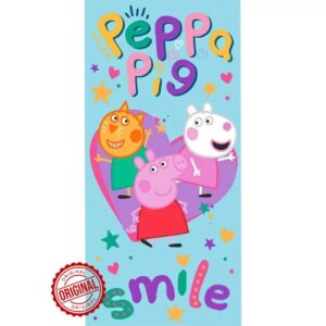 Prosop de baie și plajă pentru copii, bumbac cu absorbție mare, Purcelușa Peppa Smile, 70×140 cm, 306 g, licență oficială Peppa Pig®