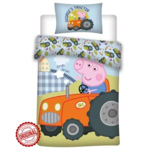 Lenjerie de pat pentru copii, Purcelușa Peppa – Tractor, bumbac, 100x135 cm, mărime grădiniță, licență oficială
