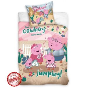 Lenjerie de pat pentru adulți, din bumbac, Purcelușa Peppa „Cowboy / Yeehaw”, 140x200 cm + 70x90 cm, 960 gr, licență oficială