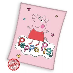 Pătură coral fleece pentru copii, Purcelușa Peppa „Happy”, roz, 110x140 cm, 380 gr, licență oficială