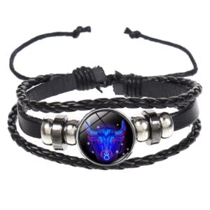 Brățară Zodiacală fosforescentă TAUR, realizată din Piele PU, Orgonit & Accesorii Metalice, dimensiune reglabilă