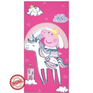 Prosop de baie și plajă pentru copii, Purcelușa Peppa „Unicorn”, bumbac, roz, 70x140 cm, 300 gr, licență oficială