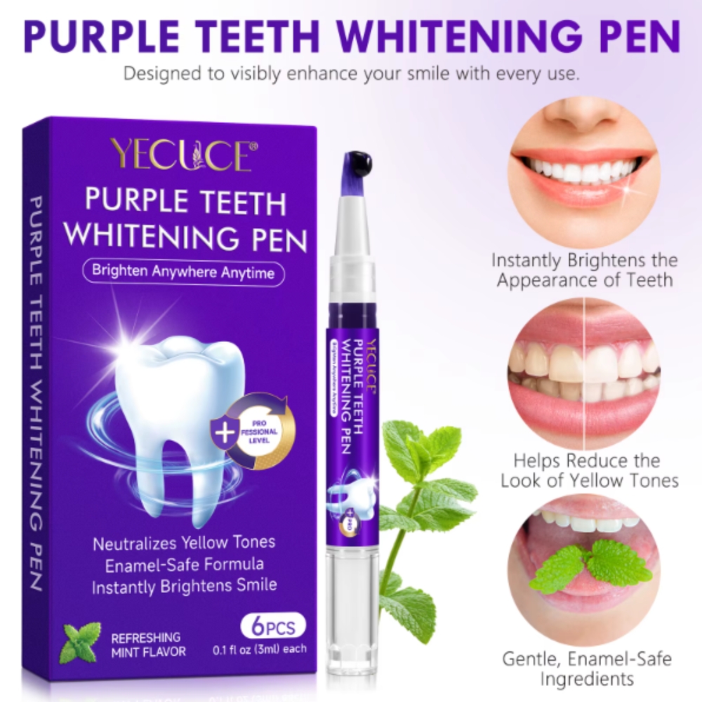 Kit profesional pentru albirea instantă a dinților, 6 stilouri corectoare de culoare violet, fără peroxid, YECUCE® - imagine 6
