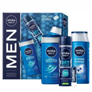 Set cadou NIVEA MEN Strong Power – Gel de duș Fresh Ocean 250 ml, Șampon Strong Power 250 ml, Deodorant Dry Active 150 ml & Labello Men Active