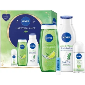 Set NIVEA Happy Balance – Gel de duș Lemongrass & Oil, Loțiune corp Aloe & Pflege, Deo roll-on Fresh Pure & Labello Hydro Care