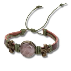 Brățară Handmade din piele cu cristal natural de CUARȚ ROZ, pentru vindecare emoțională