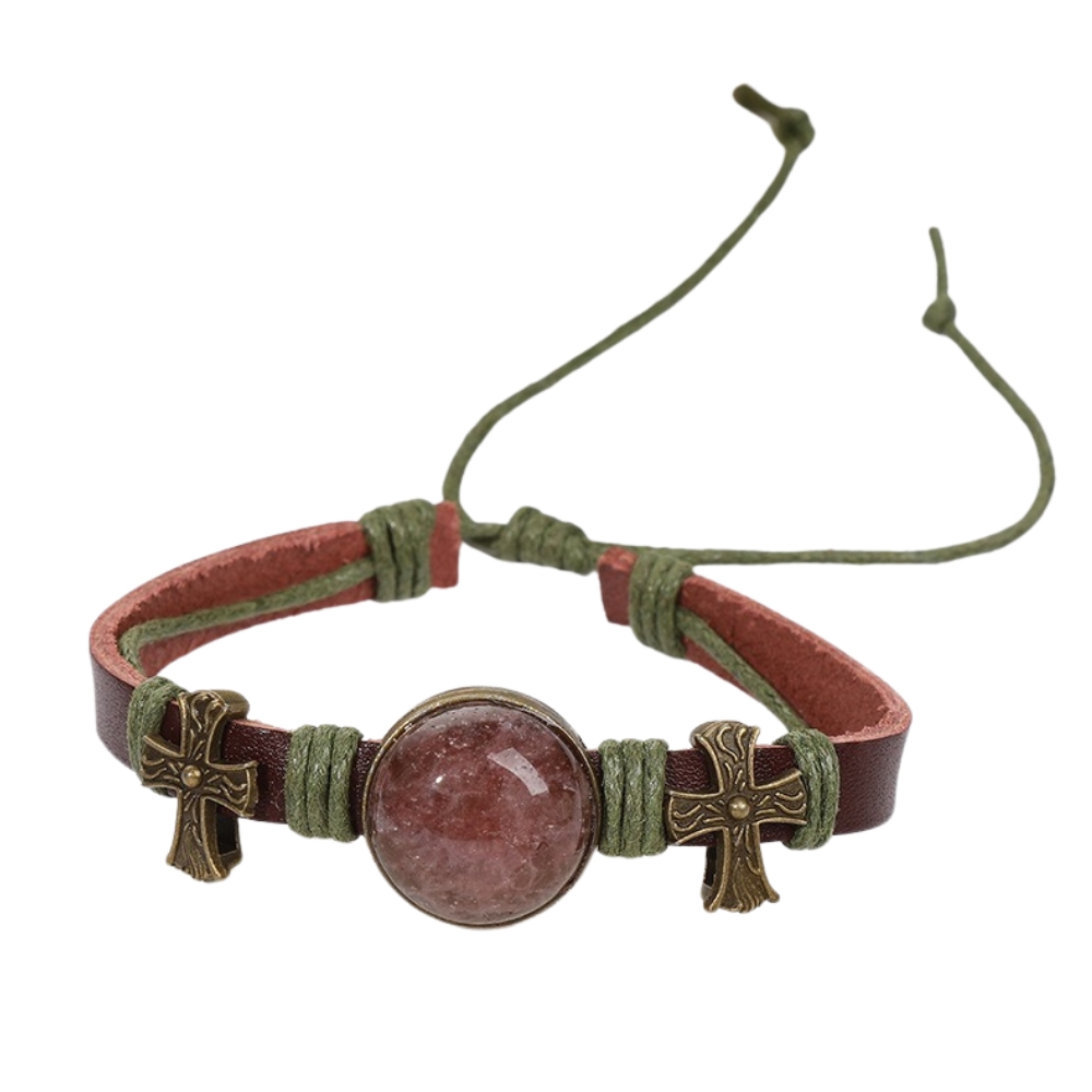Brățară Handmade din piele cu cristal natural de CUARȚ CĂPȘUNE, pentru deschiderea inimii și energie afectivă pozitivă - imagine 4