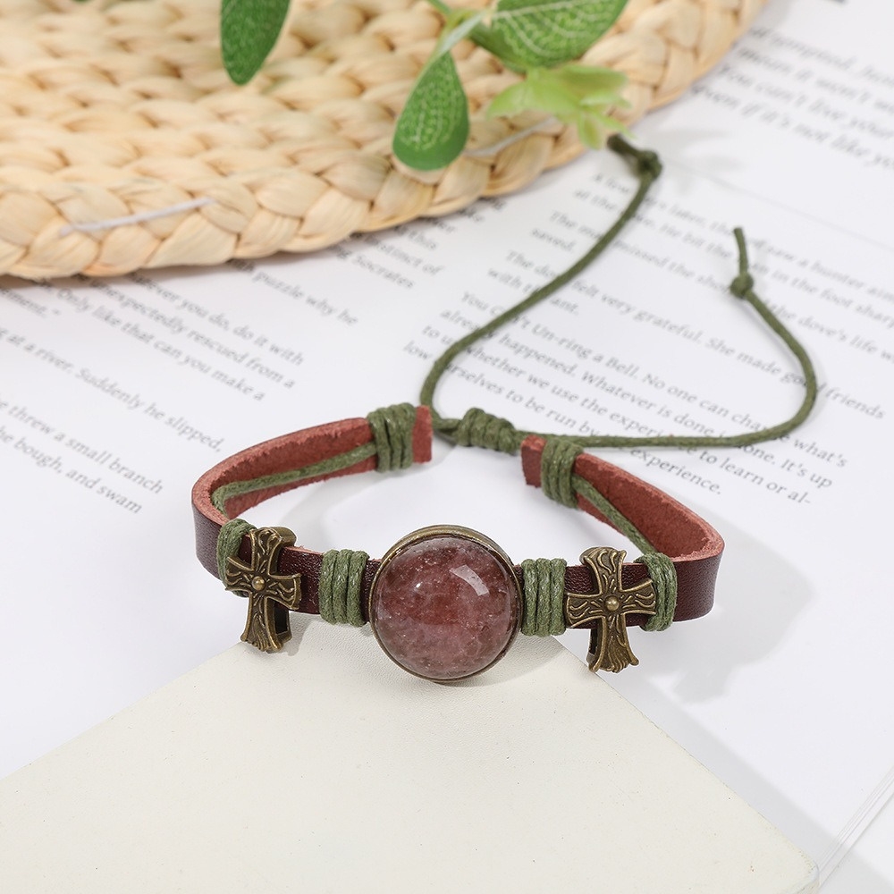 Brățară Handmade din piele cu cristal natural de CUARȚ CĂPȘUNE, pentru deschiderea inimii și energie afectivă pozitivă - imagine 5