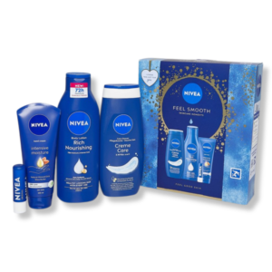Set cadou NIVEA Feel Smooth – Gel de duș, Loțiune de corp, Cremă de mâini & Balsam de buze