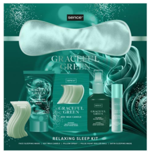 Set cadou SENCE Graceful Green – Relaxing Sleep Kit cu mască de somn, lumânare, spray & produse aromaterapie