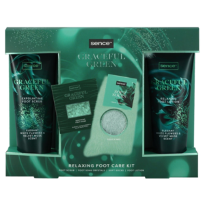 Set cadou îngrijire picioare Sence Graceful Green – Relaxing Foot Care Kit cu scrub, cristale, șosete și loțiune