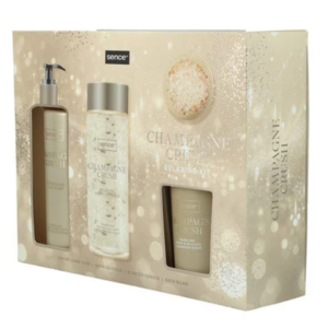 Set cadou relaxare Sence Champagne Crush – Relaxing Kit cu săpun lichid, cristale de baie, bombă de baie și lumânare parfumată