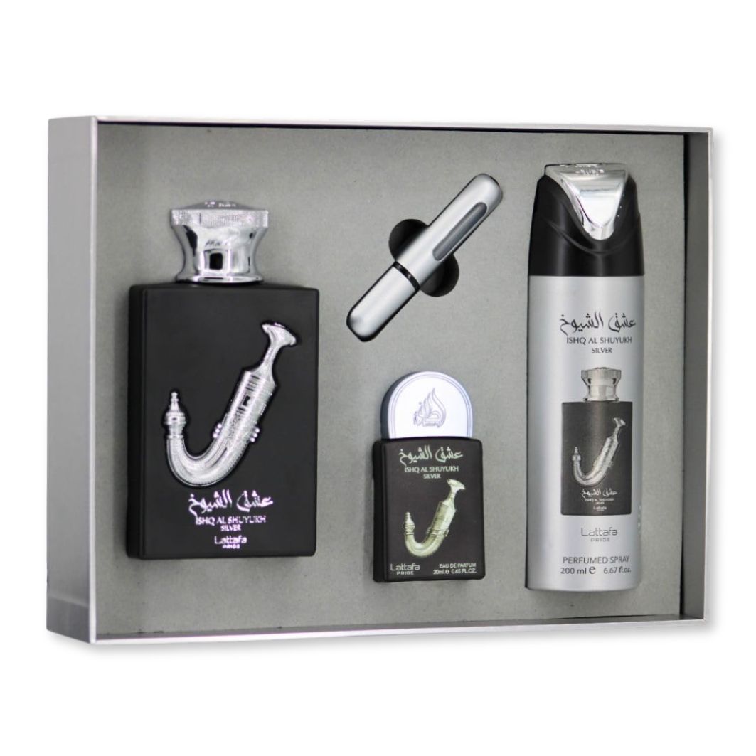 Set cadou parfum LATTAFA PRIDE® Ishq Al Shuyukh Silver, EDP oriental – colecție completă - imagine 2
