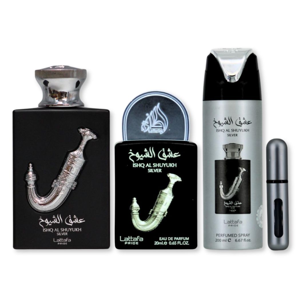 Set cadou parfum LATTAFA PRIDE® Ishq Al Shuyukh Silver, EDP oriental – colecție completă - imagine 3