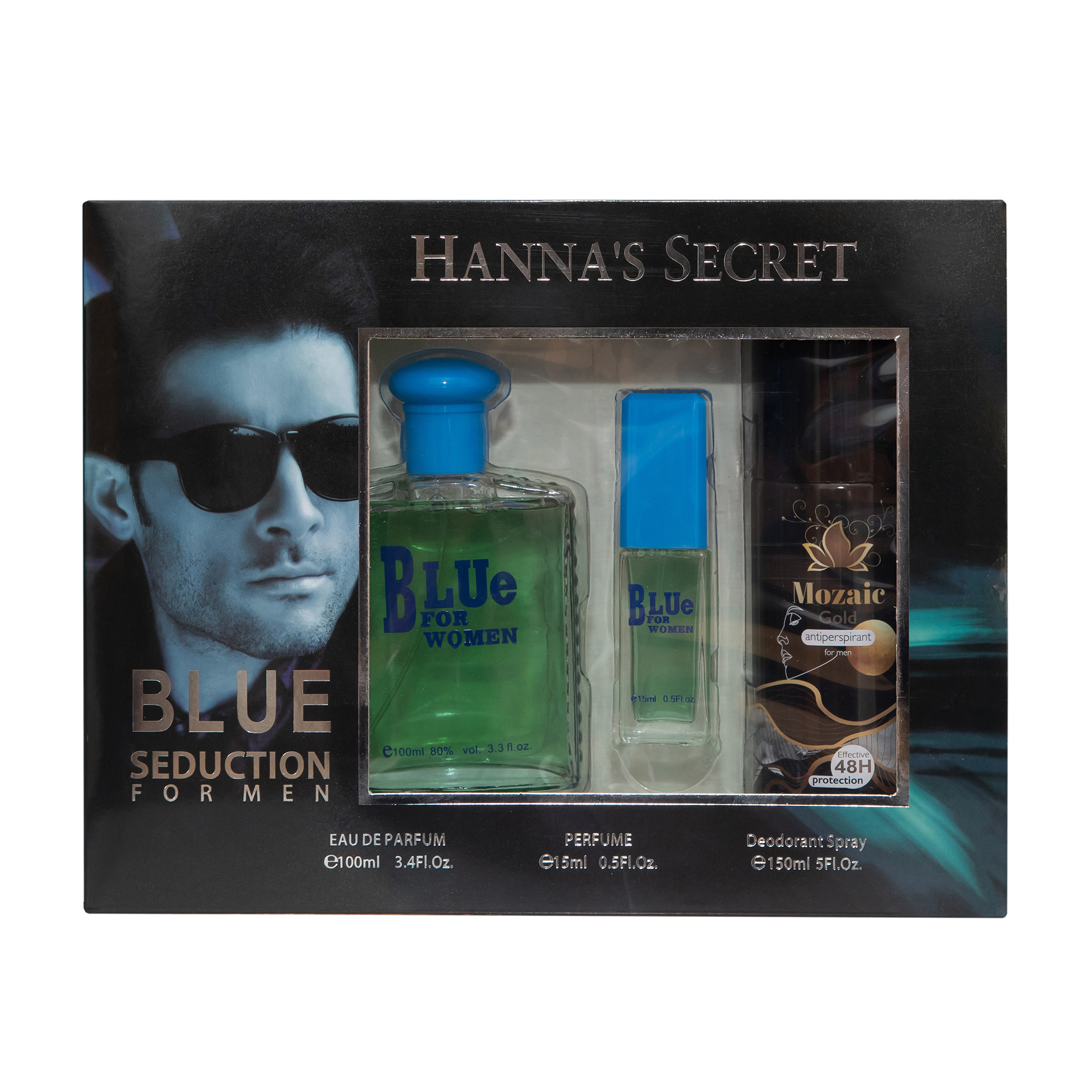 SET CADOU femei Blue For Women – Apă de Parfum 100 ml + Mini Parfum 15 ml & Antiperspirant Mozaic Gold 48h, HANNAH"S SECRET® - imagine 3