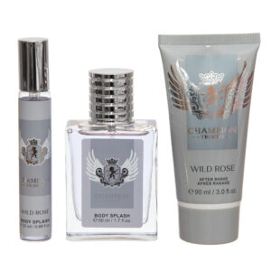 Set cadou bărbați Champion Trophy Body Splash & After Shave, aromă elegantă și modernă, 20 ml + 50 ml + 90 ml, WILD ROSE®
