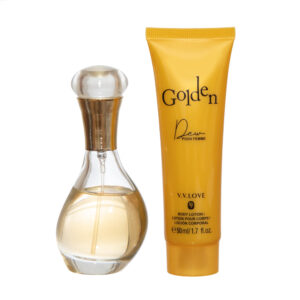 Set cadou Golden Dew – Parfum feminin & Loțiune de corp, aromă caldă și elegantă, 50 ml + 50 ml, V.V. Love®