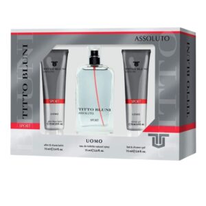 Set cadou bărbați TITTO BLUNI® Assoluto Sport – Uomo, EDT 75 ml + Gel de duș 75 ml + After shave balm 75 ml