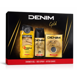 Set cadou bărbați DENIM® Gold – Shower Gel, Deo Spray & After Shave