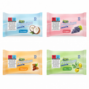 Set 4 x Șervețele umede de buzunar Pure Premium, 15 buc/pachet, cu arome de Cocos, Struguri, Migdale și Măsline